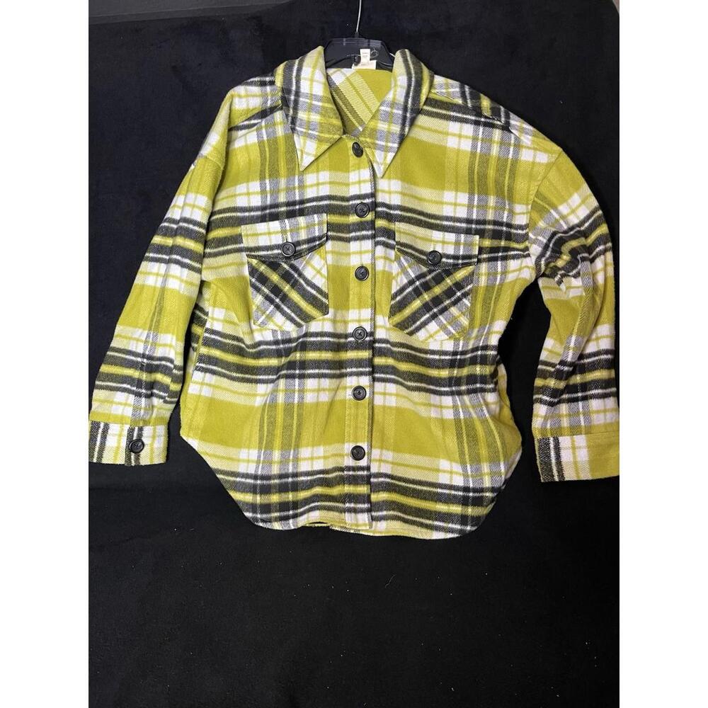 Ana Plaid Button-Up Wool Jacket with Dual Chest Pockets Lime GreenBlack Size XXL